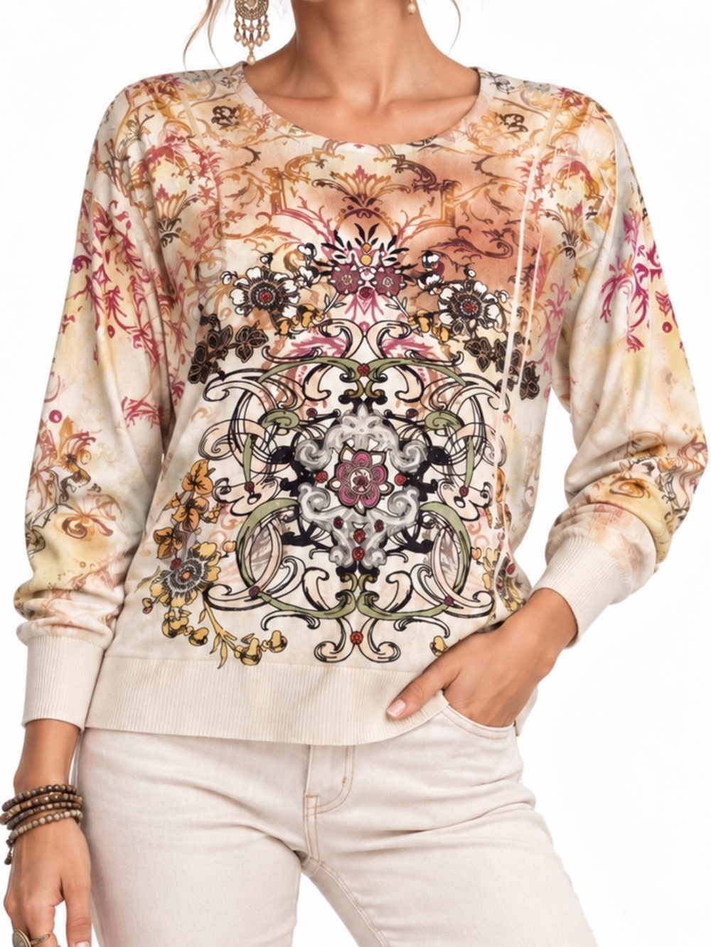 LAPIS Boho Cream & Mauve Floral Medallion Long Sleeve Tee Knit Top — #LHP